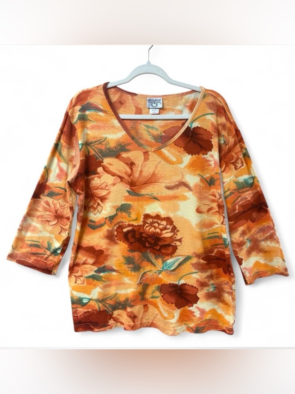 Vintage Floral Art to Wear Top V-Neck Beaded 3/4 Sleeve Artsy Colorful Fall L